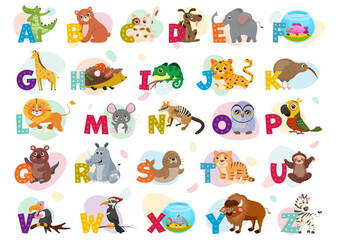 English alphabet, preschool education, various animals. Alligator, bear, cat, dog, elephant, fish, giraffe, hedgehog. Cartoon, studying, learning. Colourful. Vector illustration.