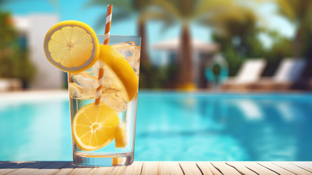 A refreshing glass of lemonade by the poolside