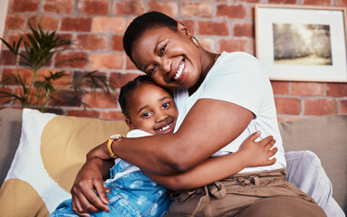 Portrait, mother and daughter on sofa with hug, smile and relax bonding in living room together. Love, mom and girl child on couch in house, happy embrace and support, trust and black woman with kid
