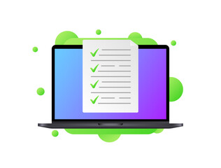 Distance tests. Flat, color, laptop tests, distance learning. Vector illustration