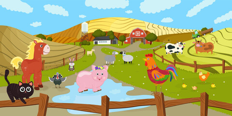 Cartoon animals on farm, cow, pig, chicken, horse, sheep, cat, agriculture, barn, field. Rural nature landscape, domestic and livestock, grass, field, ranch, countryside. Vector illustration.