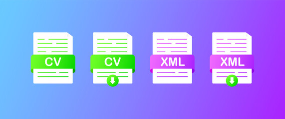 CV and XML. Flat, color, CV resume, XML. Vector illustration