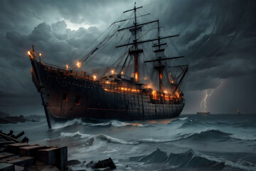 a pirate ship pulling into a foggy port during a stormy night