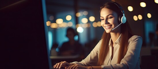 Call center women offer service, smiling. Office scene: laptops, lens flare, bokeh, soft dark ambiance emphasizing professionalism