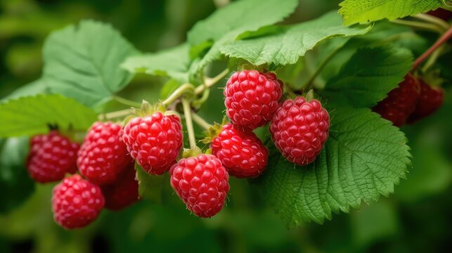 Branch of ripe raspberries, fresh fruit.