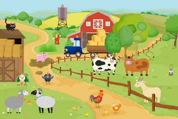 Obraz na płótnie Canvas Cartoon farm, rural landscape, animal, livestock, nature countryside, barn, tractor, hay stock. Cow, sheep, goat, pig, chicken, horse, cat, agriculture, field, meadow. Country. Vector illustration.
