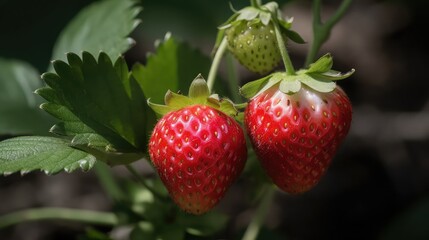 Ripe strawberries with green leaf 