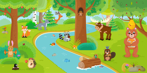 Nature wild forest landscape, river, tree, wildlife, cartoon animal. Deer, bear, raccoon, fox, wolf, rabbit, hedgehog, fish, owl. Environment summer, spring. Vector illustration.
