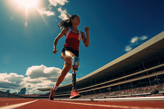 Paralympic Athlete: Determined Woman Training in Stadium with Prosthetic Leg.