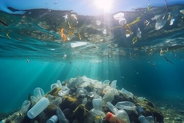Fototapeta na wymiar Plastic waste and bottles garbage undersea or in the ocean