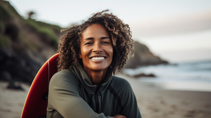 50 year old black female surfer sitting at the beach, looking at the camera, relaxed, in front of the ocean, analog photography look