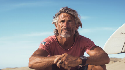 50 year old male surfer sitting at the beach, looking at the camera, relaxed, in front of the ocean, analog photography look