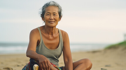 50 year old female surfer sitting at the beach, looking at the camera, relaxed, in front of the ocean, aperture 2.8, 70mm, analog photography look, kodak gold 400, ai generated 
