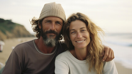 50 year old surfer couple sitting at the beach, looking at the camera, relaxed, in front of the ocean, aperture 2.8, 70mm, analog photography look, kodak gold 400, ai generated