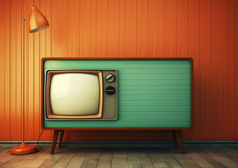 Retro old tv on circus vintage wall background
