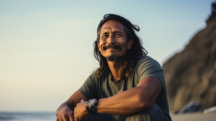 50 year old male surfer sitting at the beach, looking at the camera, relaxed, in front of the ocean, aperture 2.8, 70mm, analog photography look, kodak gold 400, ai generated 