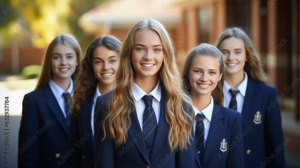 Fototapete group of private school students stand outside in uniform in front of the school building. created w