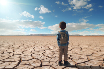 Boy views dry lake, raising climate, drought concern. - obrazy, fototapety, plakaty