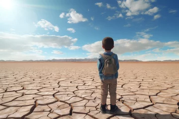 Foto op Canvas Boy views dry lake, raising climate, drought concern. © Ai Studio