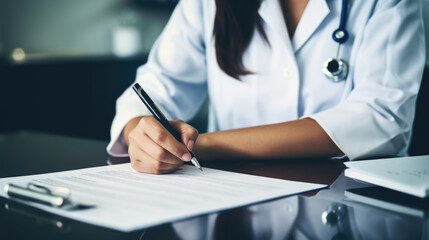 Doctor sitting at desk and writing a prescription for her patient. Created with Generative AI technology.