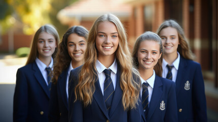 Group of private school students stand outside in uniform in front of the school building. Created with Generative AI technology.