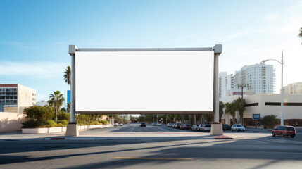 Mockup Large white blank billboard or white promotion poster displayed on the outdoor against the blue sky background. Created with Generative AI technology.