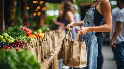 A young woman holds an eco-bag while buying vegetables and herbs from the farmers' market.