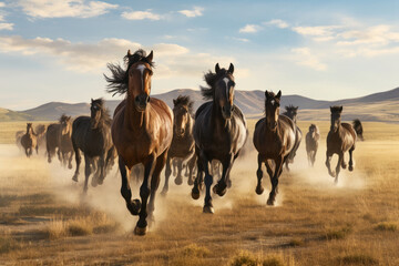 Fototapeta na wymiar Wild horses gallop, portraying Animal Behavior in open expanse