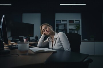 Tired Woman Sitting in the Dark Peopleless Office with Her eyes Closed.