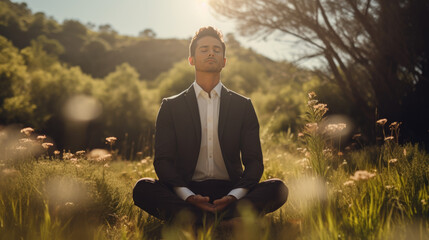 Businessman in a suit meditates in lotus pose in nature. Created with Generative AI technology.