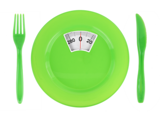 Diet concept plate with fork and knife isolated on white transparent background, top view, PNG