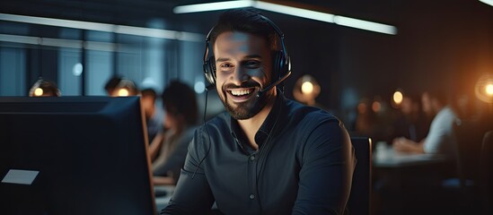 Providing service with a smile, the call center man works attentively in the office, facing his laptop - obrazy, fototapety, plakaty