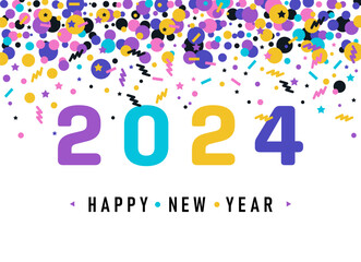 Happy New year. Bright design. Vibrant Confetti 2024 Greeting. Flat style seasonal greeting template with simple vibrant confetti and New Year 2024. Celebration background