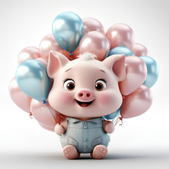 Cute pig with balloons on white background. 3D rendering.