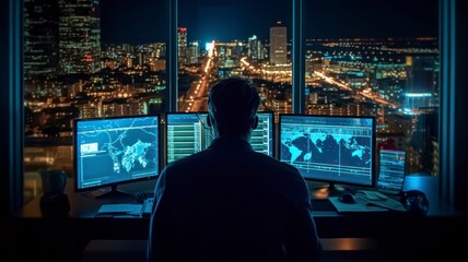 Technical Analyst Monitoring Data on Multiple Screens, Optimizing Assets and Mitigating Risks