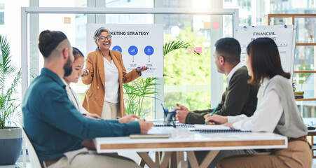 Business people meeting, group and speaker presentation, CEO speech and talking to staff, brainstorming or planning. Collaboration, marketing strategy and team manager discussion on advertising sales