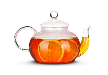 Glass teapot of black tea with lemon on transparent background