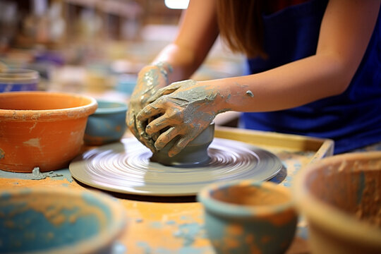Premium AI Image  A closeup shot of a potter's hands molding clay on a  wheel Generative AI