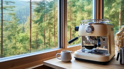 Espresso Machine on Kitchen Counter Next to Large Window Overlooking Lush Green Forest