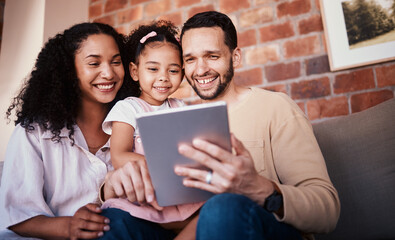 Fototapeta premium Family, tablet and internet on home sofa for e learning, education and time together. A happy man, woman and kid in a lounge with technology for streaming video, movies or games online in Puerto Rico