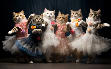 dancing cats Dancing in colorful costumes, the cheerful cats are laughing, putting on an endearing show that radiates a sense of joy. A concept inspired by pets.