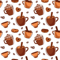 Fototapeta na wymiar Varios tipos de coffee with whipped cream y desserts. Seamless pattern. Vector