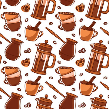Coffee pot, cezve and different types of coffee. Seamless pattern. Vector
