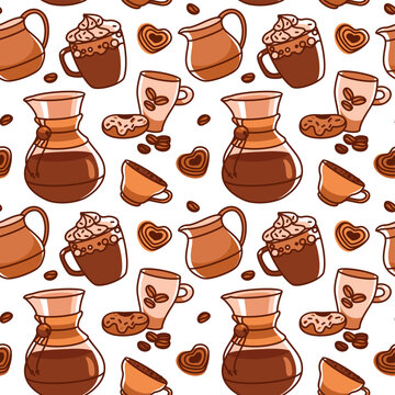 Coffee pot  and different types of coffee, desserts. Seamless pattern. Vector