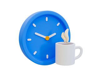3d minimal coffee break. clock with a coffee cup. 3d illustration.