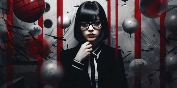 scary schoolgirl with short dark hair and red lips on abstract background with blood red elements
