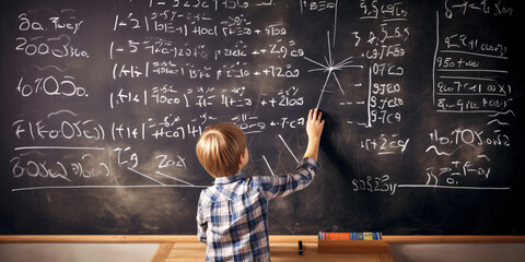little boy solves mathematical formula in a university, young genius who is super intelligent