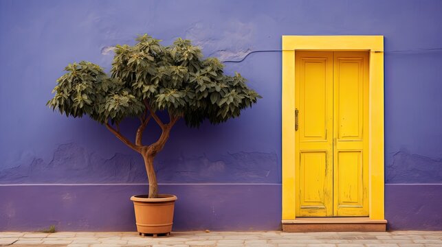 yellow door in purple wall, cute architecture background with pot plant, Generative Ai