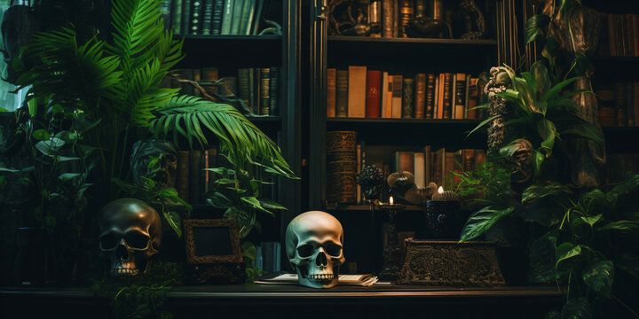 Spooky Library With Skulls