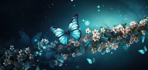 Fototapeta na wymiar flower blossom field with butterfly flying around in fantasy dreamy atmosphere, Generative Ai